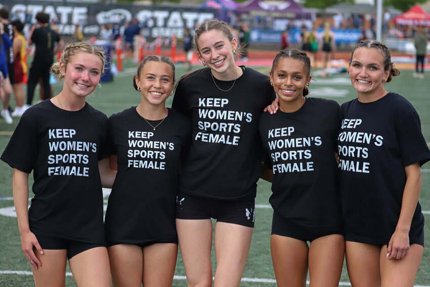 Tumwater's relayers, from left, Cassidy Hedin, Ashlyn Hufana, Alexandra Broome, Ava Jones and Reese Heryford, pose for a photo after their final race at the 2A/3A/4A state championship meet at Mount Tahoma High School on Saturday, May 31.