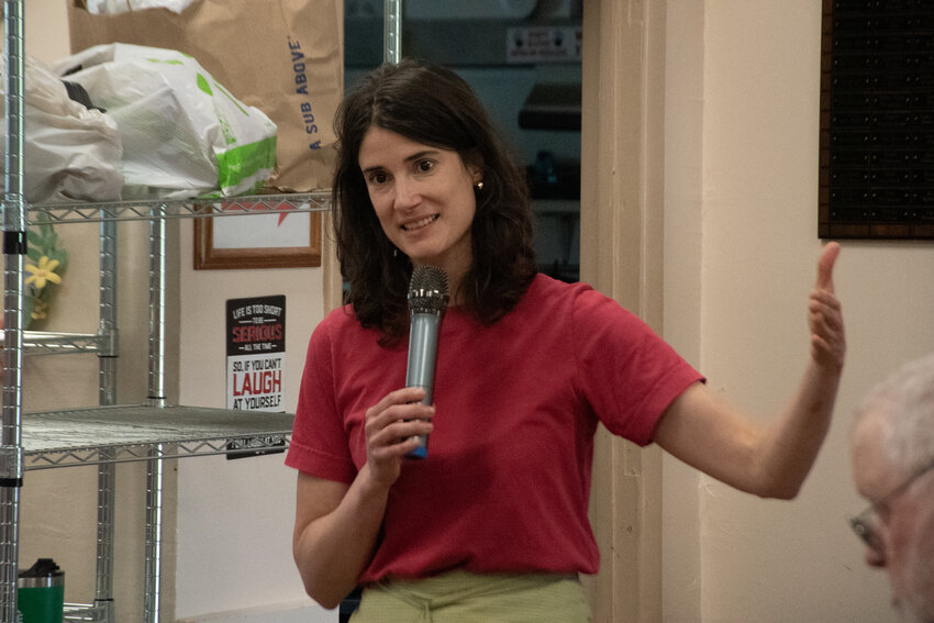 Rep. Marie Gluesenkamp Perez speaks with area residents at Rainier Senior Center on Wednesday, May 28.