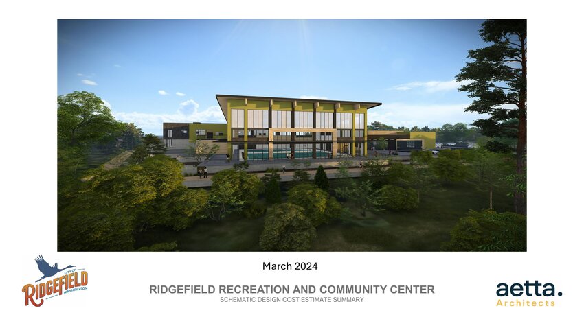 The updated exterior design for Ridgefield's planned community and recreation center, shown above, replaces the original yellow-green facade with a darker, wood-toned finish intended to create a more modern, natural aesthetic. The redesign drew mixed reviews from the city council during a Thursday, June 5 meeting.