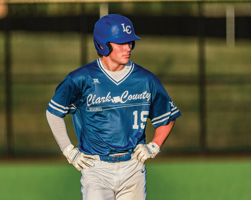 La Center&rsquo;s Houston Coyle stands on second base during the Clark County Senior All-Star Game at the Ridgefield Outdoor Recreation Complex on Monday, June 2.
