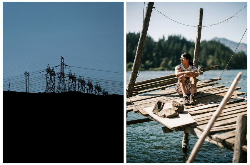 (Left) Powerlines above the Columbia River move electricity from the Bonneville Dam to customers across the region in Hood River County, Oregon, on Thursday, July 25, 2024. (Right) Portrait of Farley Eaglespeaker, sitting atop a fishing scaffold along the Columbia River in Cascade Locks, Oregon on Tuesday, July 23, 2024. (Jordan Gale/Oregon Capital Chronicle)