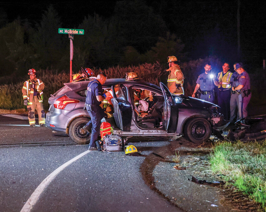Battle Ground police officer Jeff Cabanting-Rafael assisted with the response to a vehicle collision at the intersection of state Route 503 and Northeast 299th Street on Tuesday, June 17, where one driver had their leg trapped from the crash.