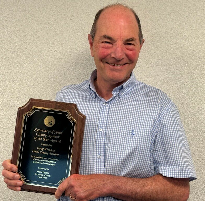 Clark County Auditor Greg Kimsey received the Auditor of the Year award his his efforts during widespread ballot box attacks during the 2024 election cycle.