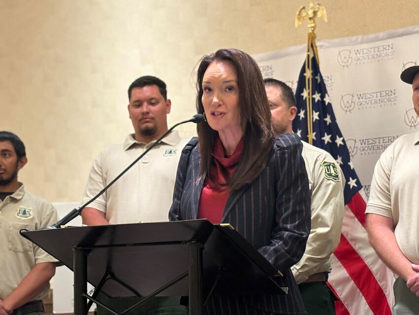 U.S. Secretary of Agriculture Brooke Rollins speaks to reporters during a news conference on Monday, June 23, 2025, at the Western Governors Association conference in New Mexico. (Photo by Julia Goldberg/Source New Mexico)