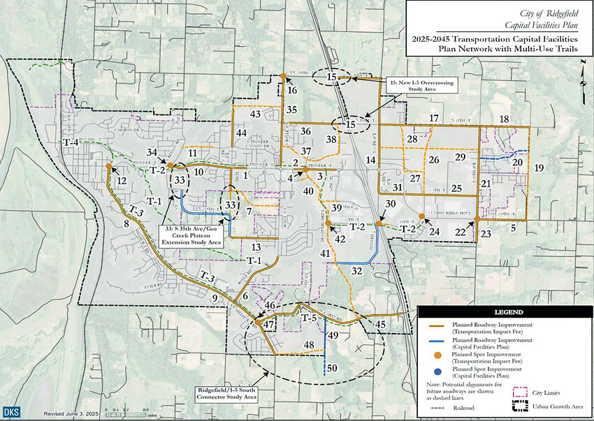A map shows Ridgefield&rsquo;s updated Transportation Capital Facilities Plan, outlining future road corridors, multimodal trails and planned infrastructure through 2045. The city council approved a 7% increase to its transportation impact fees on Monday, June 23, choosing a gradual option to help fund future infrastructure.