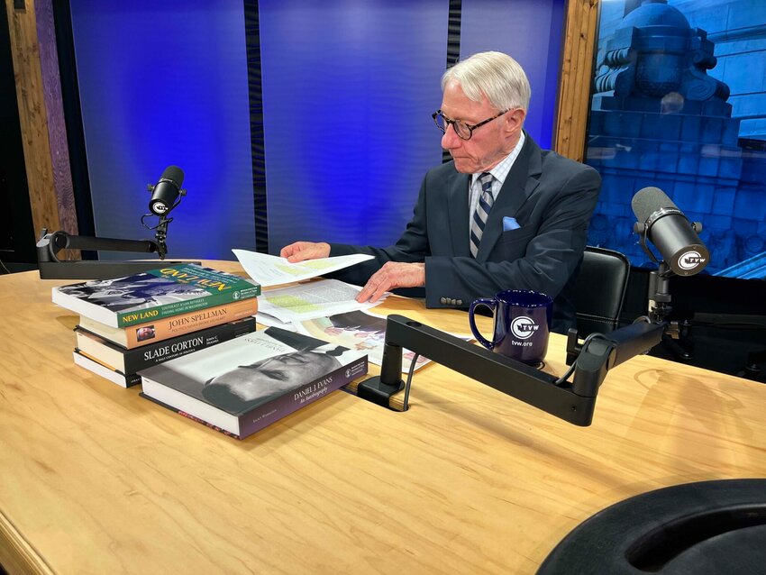 Washington&rsquo;s chief historian, John C. Hughes, on the set of TVW&rsquo;s &ldquo;Inside Olympia.&rdquo; (Photo courtesy of TVW)