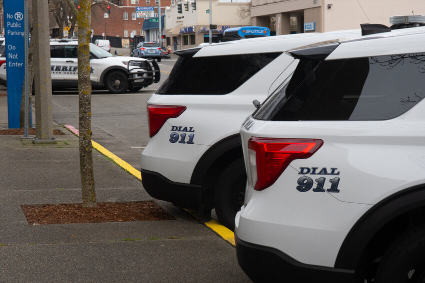 Law enforcement vehicles parked outside the Pierce County Sheriff&rsquo;s Office in Tacoma on March 19, 2025.