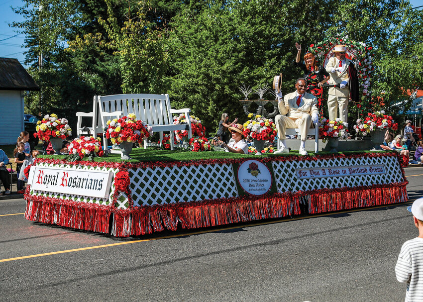 Former Battle Ground High School band instructor Greg McKelvey sits on the Royal Rosarians parade float in the Harvest Days Parade on Saturday, July 19.
