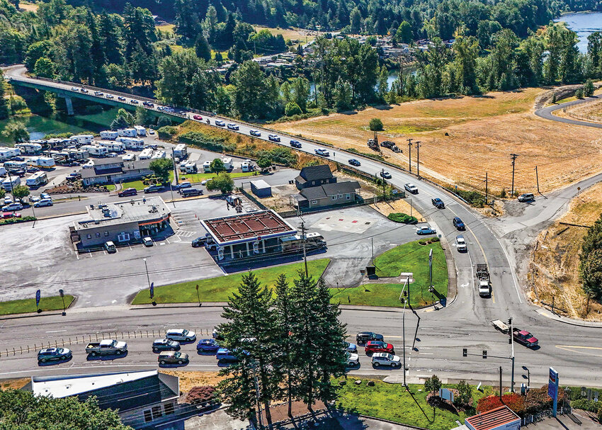 Vehicles back up along East CC Street as drivers approach Lewis River Road near the Exit 21 interchange in Woodland on Thursday, July 24. City consultants confirmed roundabouts will be used to ease traffic congestion as part of the Exit 21 improvement project on Monday, July 21.