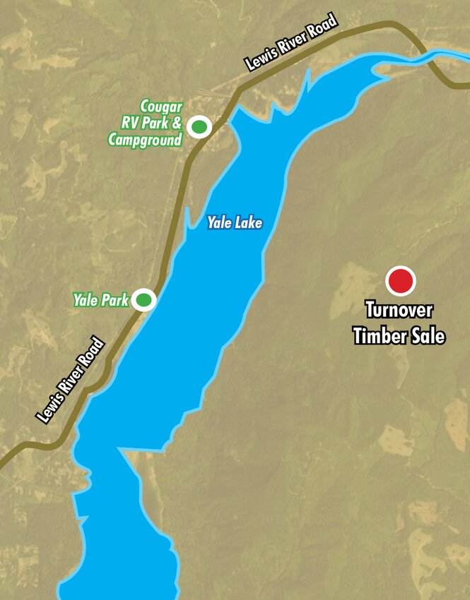The Turnover timber sale is located in the northeasternmost section of Clark County on the east shore of Yale Lake.