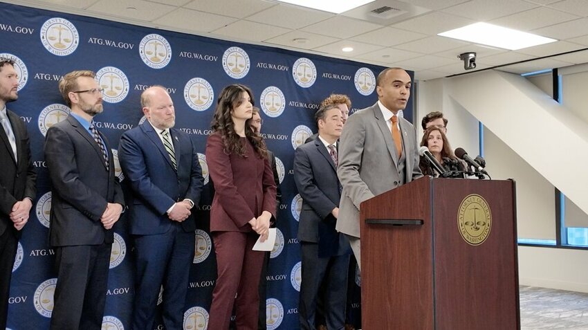 Washington Attorney General Nick Brown at a news conference about his office's lawsuit regarding the Trump administration's efforts to overhaul elections.