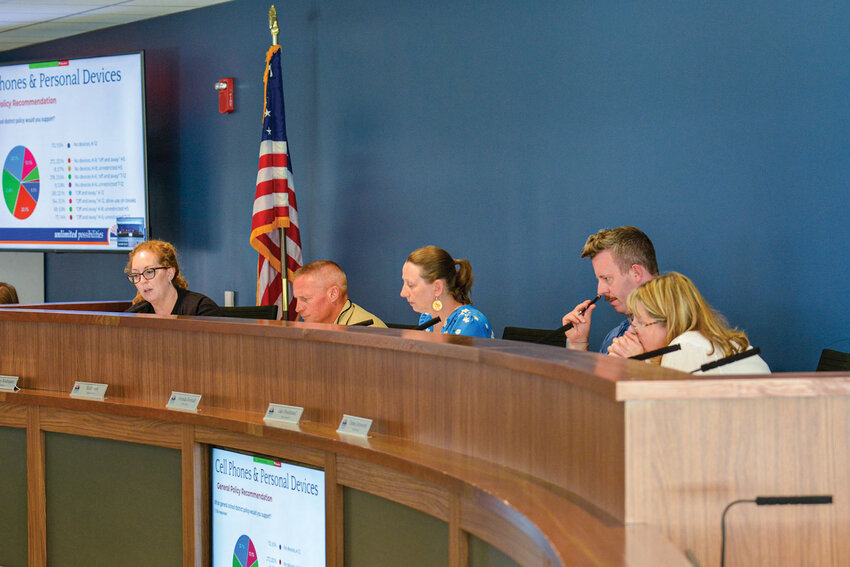 School board members listen during Superintendent Dr. Jenny Rodriquez&rsquo;s Aug. 12 presentation on a proposed no-smart-device policy. The policy would ban devices in kindergarten through sixth grade and require them to be off and away all day for grades seven through 12. The second and final reading is scheduled for 5 p.m. Tuesday, Aug. 26, at 510 Pioneer St., Ridgefield.