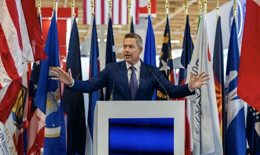 U.S. Secretary of Transportation Sean Patrick Duffy delivers remarks during the opening ceremony for the U.S. pavilion at the Paris Airshow at Le Bourget Airport, France.