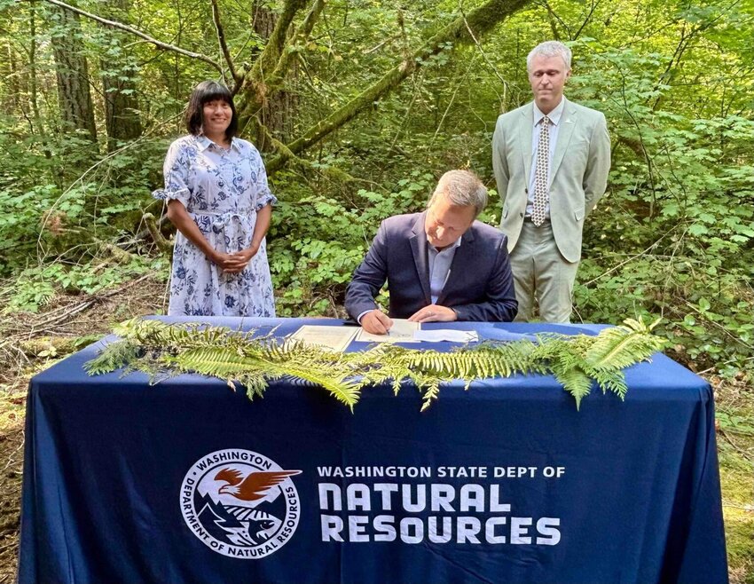 Washington Public Lands Commissioner Dave Upthegrove signs a directive ordering the conservation of about 77,000 acres of older forests on state logging lands, on Aug. 26, 2025, at the High Peak Trailhead on Tiger Peak Mountain. Behind him are Washington Conservation Action CEO Alyssa Macy, left, and Thurston County Commissioner Tye Menser, right. (Photo by Emily Fitzgerald/Washington State Standard)