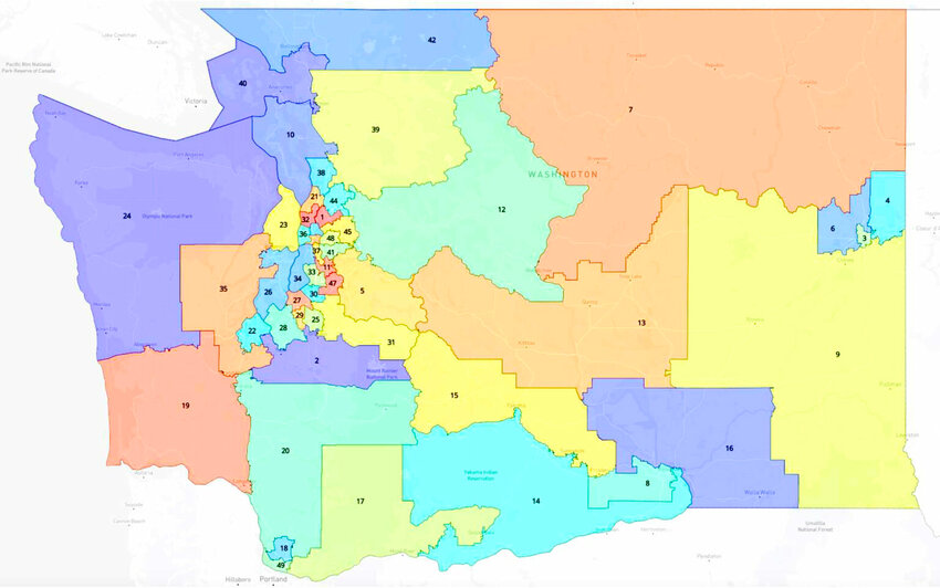 The new legislative district map for Washington state, with the redrawn boundaries for the 15th district. The map was approved by a federal judge on Friday, March 15.