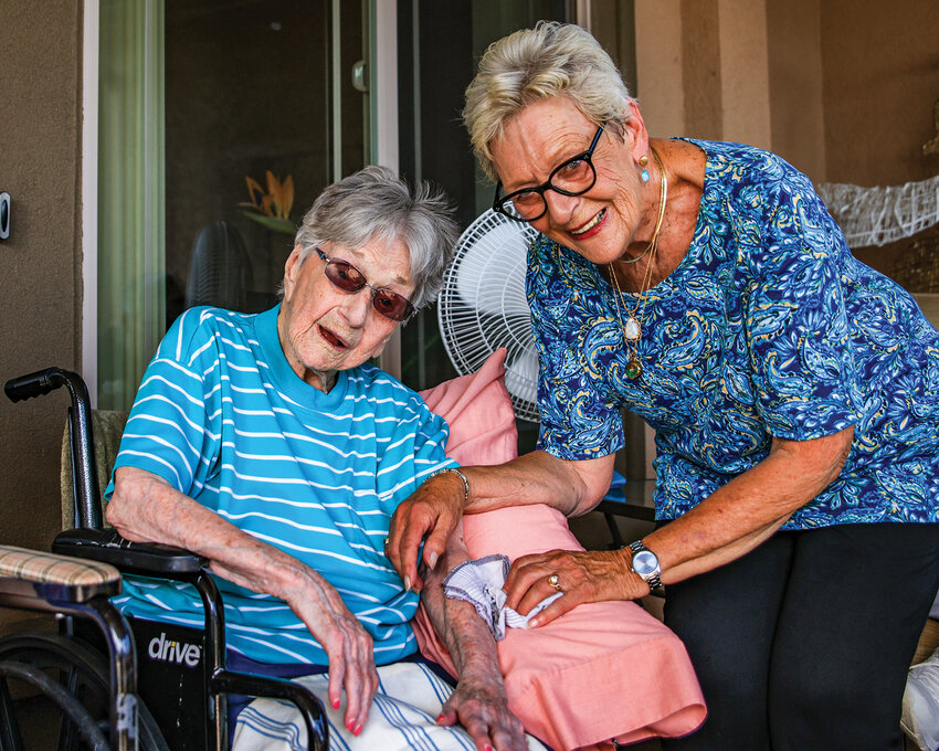 Lifelong Battle Ground resident Vicki Cresap, left, turned 105-years-old and celebrated with family and friends at a Vancouver assisted living home on Thursday, Aug. 28. Gloria Walck, right, Cresap&rsquo;s daughter, was incredibly grateful to still have a living parent at 83-years-old.