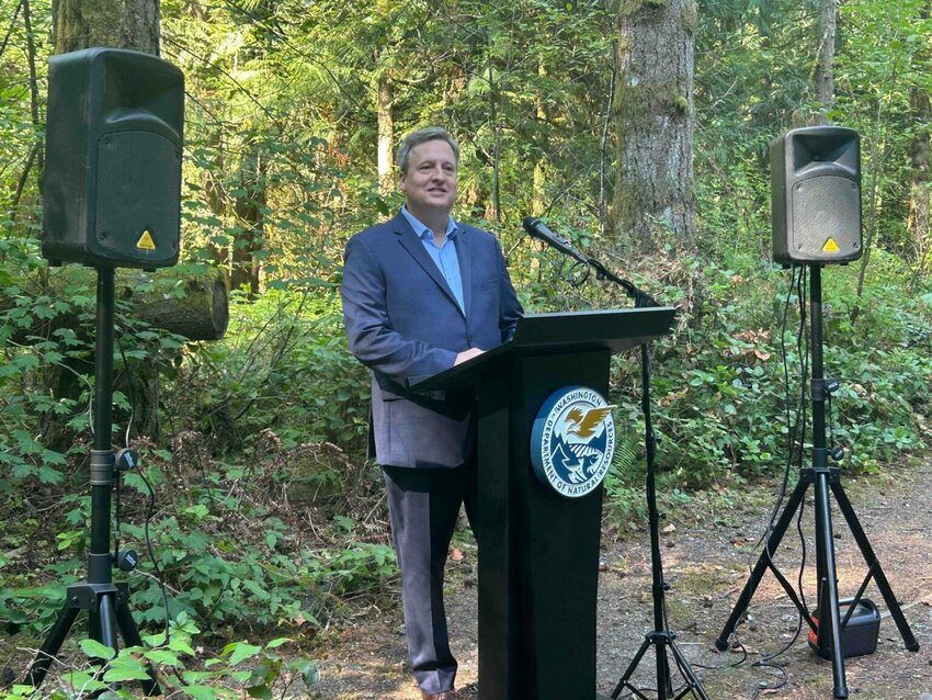 Public Lands Commissioner Dave Upthegrove speaks during a press conference at the High Peak Trailhead on Tiger Peak Mountain on Tuesday, Aug. 26. (Photo by Emily Fitzgerald/Washington State Standard)