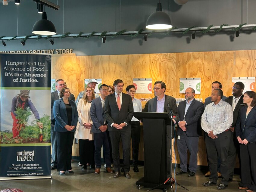 Washington Gov. Bob Ferguson hosts a press conference on the impacts of President Donald Trump&rsquo;s tariffs at Northwest Harvest on Thursday, Sept. 4, 2025, in Seattle, Washington. (Photo by Jake Goldstein-Street/Washington State Standard)