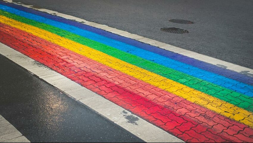 A rainbow crosswalk in British Columbia, Canada.