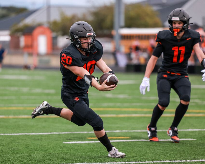Battle Ground running back Xavier Ortegon crosses the goal line for a touchdown in the Tigers&rsquo; 47-0 win over Eisenhower High School of Yakima on Saturday, Sept. 6.