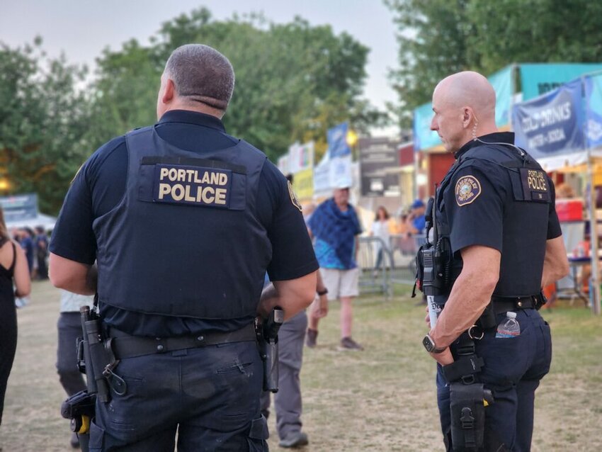 Police in Portland keep watch at the Waterfront Blues Festival on July 3, 2023. In response to recent remarks by Trump targeting Portland, a spokesperson for the Portland Police Bureau said that activity around the city&rsquo;s ICE building has &ldquo;dwindled for the most part,&rdquo; since spring 2025. (Photo by Lynne Terry/Oregon Capital Chronicle)