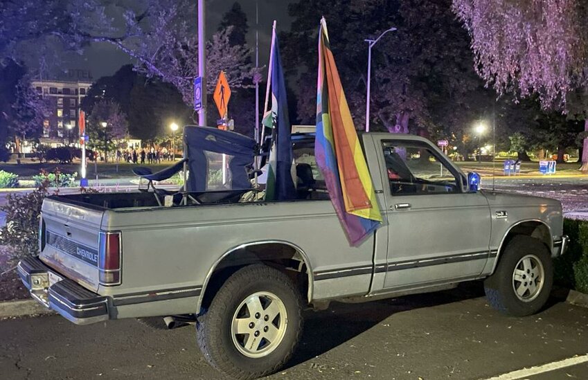 Witnesses say Jon Erik Hughes Hegstad was standing on this truck while shouting obscenities and provocative statements towards Charlie Kirk vigil attendees on Wednesday, Sept. 10 in Longview.