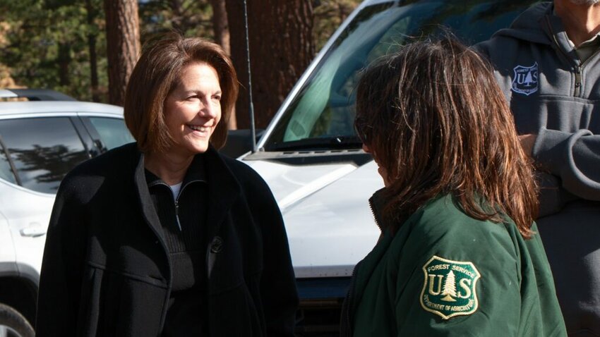 Sen. Catherine Cortez Masto speaking with a Forest Service employee after the Davis Fire in Washoe County in 2024. (Cortez Masto Senate office photo)