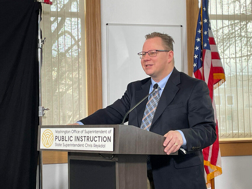 Washington Superintendent of Public Instruction Chris Reykdal, seen here in January 2025, is beginning to outline his funding asks for the 2026 legislative session, including one to support expanded artificial intelligence technology in schools. (Photo by Jerry Cornfield/ Washington State Standard)