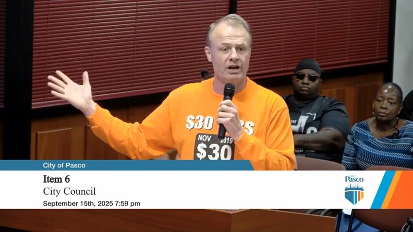 Anti-tax activist Tim Eyman drove across the state to protest against a proposed transportation benefit district in Pasco on Monday before a shouting match ensued between him and the officials over accusations of undermining voters.