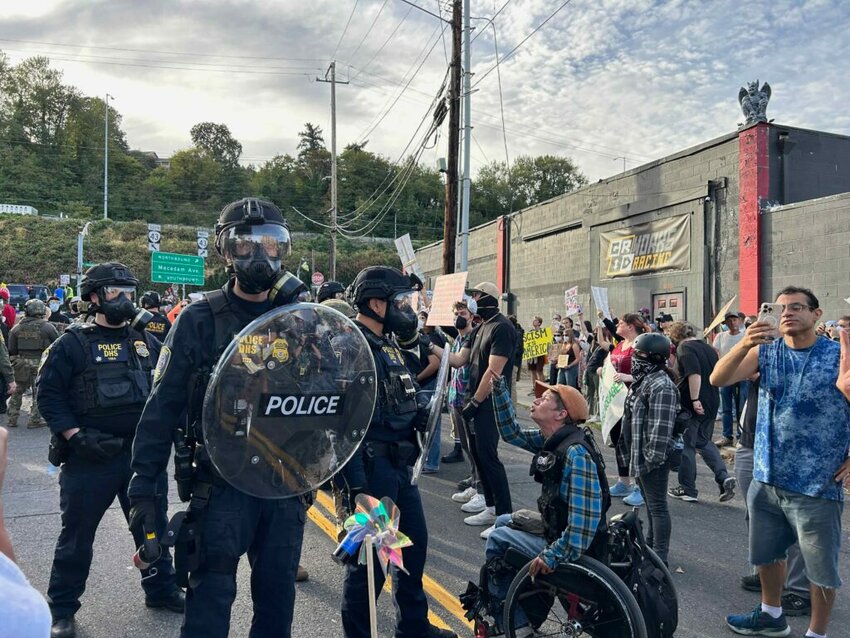 About 200 people showed up to protest outside the Immigration and Customs Enforcement building in Portland on Sunday, Sept. 28. (Photo by Alex Baumhardt/Oregon Capital Chronicle)
