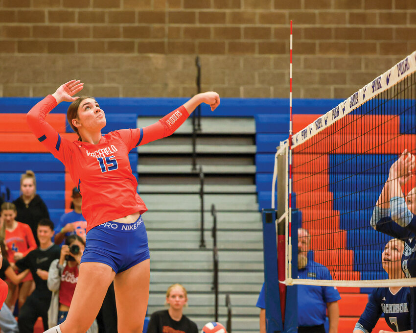 Ridgefield&rsquo;s 6-foot-6-inch sophomore, Piper Moog, goes for a kill in a three-set win over the Hockinson Hawks on Thursday, Sept. 25.