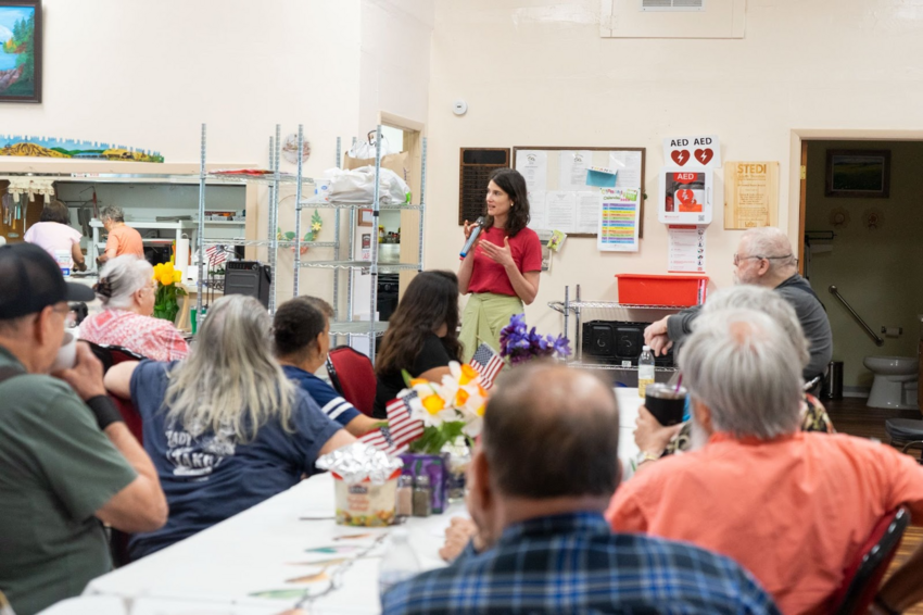 Rep. Marie Gluesenkamp Perez visits the Rainier Senior Center in May.