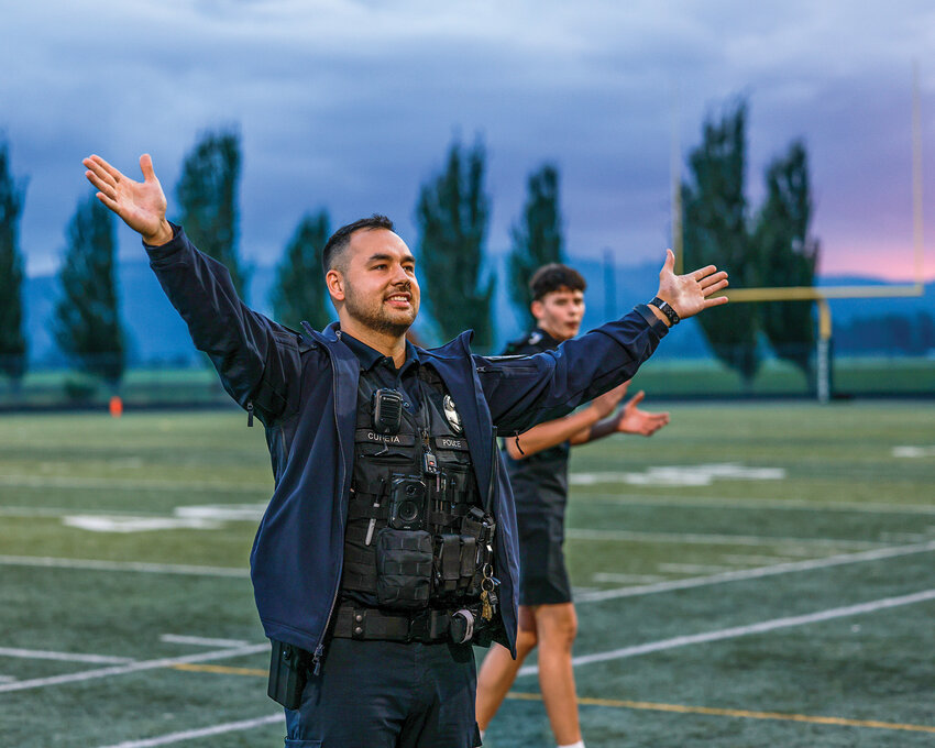 Woodland Police Officer Roberto Cuneta was announced as the Woodland School Resource Officer prior to kickoff of the Woodland Beavers versus Hockinson Hawks football game on Friday, Oct. 3.