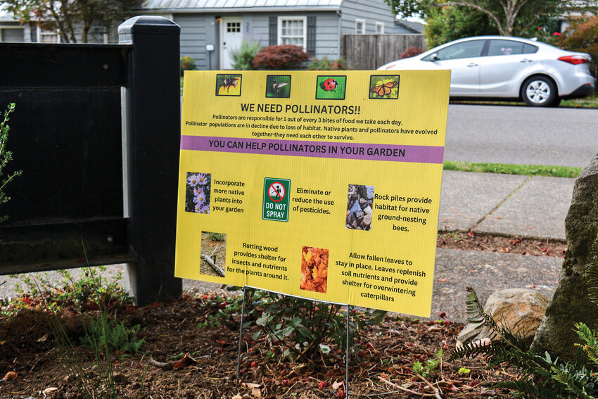 A sign at Davis Park left by the Ridgefield Garden Club explains how locals can protect pollinators in Ridgefield. Ridgefield city leaders are considering steps to join the national Bee City USA program to promote pollinator health and native habitats.