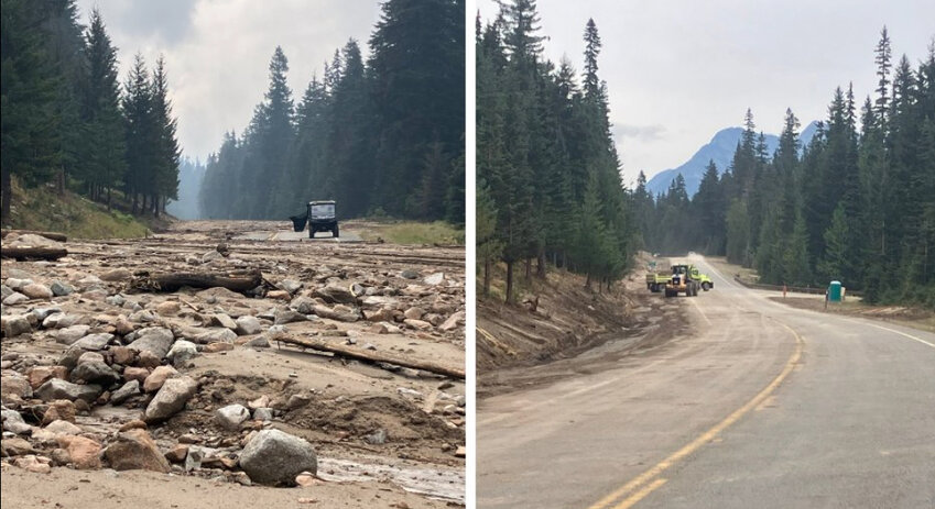 Washington transportation officials say a lack of funding means dollars intended for preservation and maintenance are the ones diverted to deal with emergency situations. Before (left) and after (right) photos of the mudslide and cleanup on State Route 20 following an Aug. 11 mudslide. (Washington State Department of Transportation)