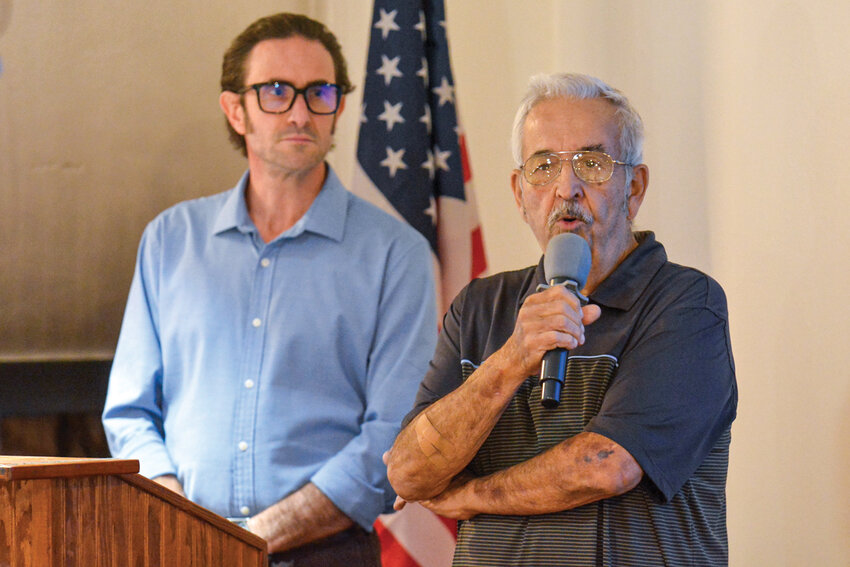 Aaron Brown, left, and Councilmember J.J. Burke answer audience questions during a Woodland Chamber of Commerce forum on Thursday, Oct. 17, 2025. The two are competing for Woodland City Council Position 1 in the November election.
