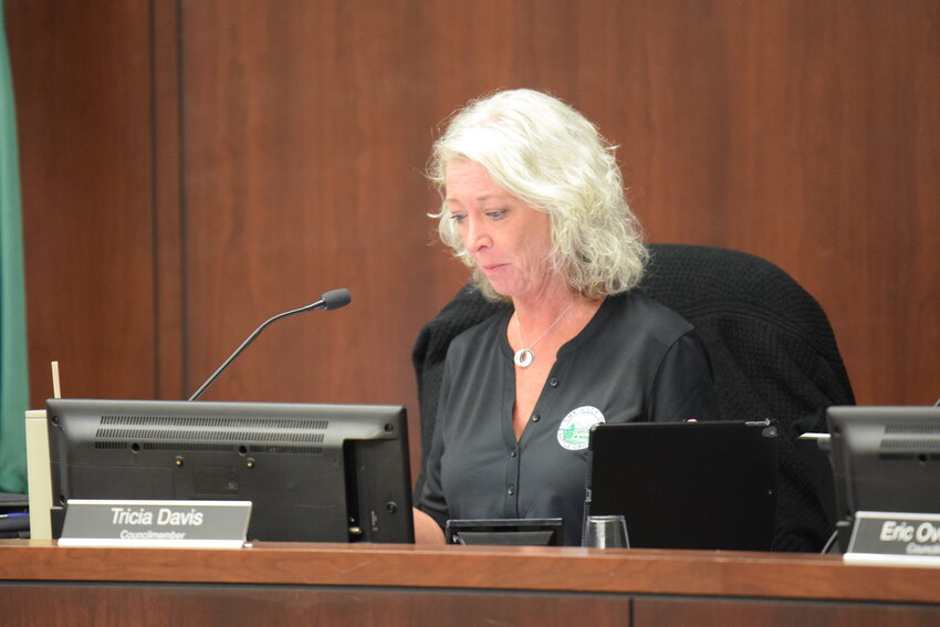 Councilor Tricia Davis explains her opposition to designating the Eaton Park parcel as a residential target area during the Battle Ground City Council&rsquo;s Oct. 20 meeting. Davis was one of two councilors voting against both measures tied to the development, citing concerns about location and the city&rsquo;s approach to housing incentives.