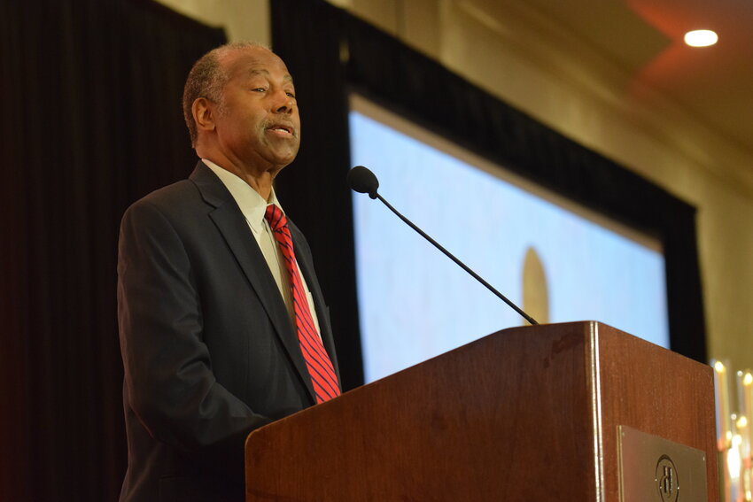 Dr. Ben Carson speaks to an audience at the Pathways Clinic fundraising dinner Oct. 24 at the Vancouver Hilton. The former neurosurgeon and presidential candidate served as keynote speaker, equating abortion to slavery and urging compassion and unity in America.