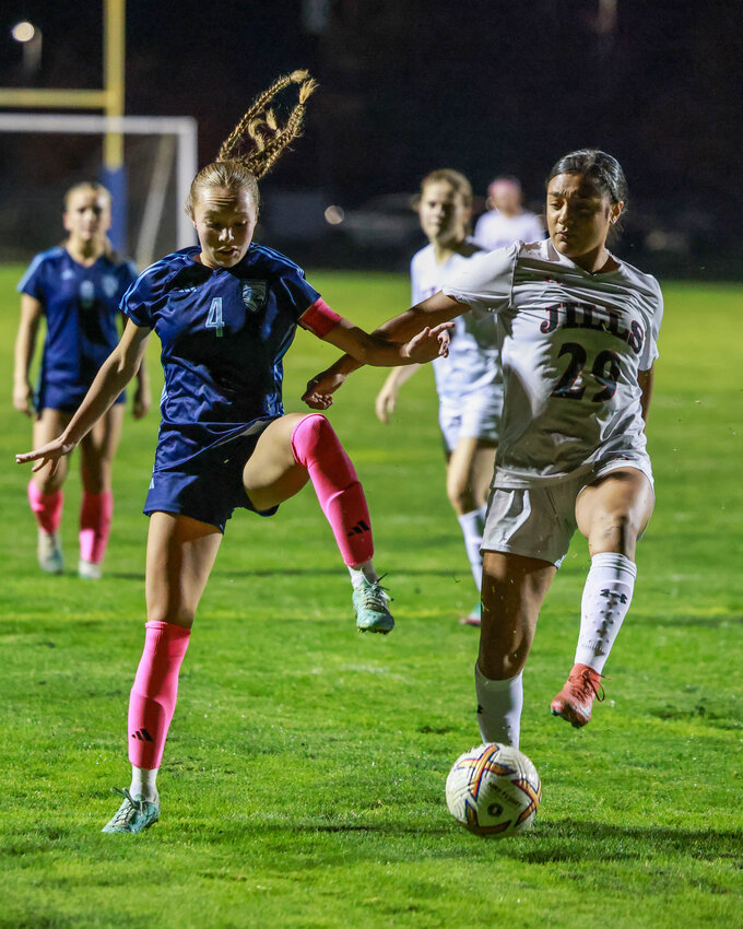 Hockinson&rsquo;s Kaili Humphrey plays the ball in enemy territory during the Hawks' 3-0 win over the R.A. Long Lumberjills on Tuesday, Oct. 21.