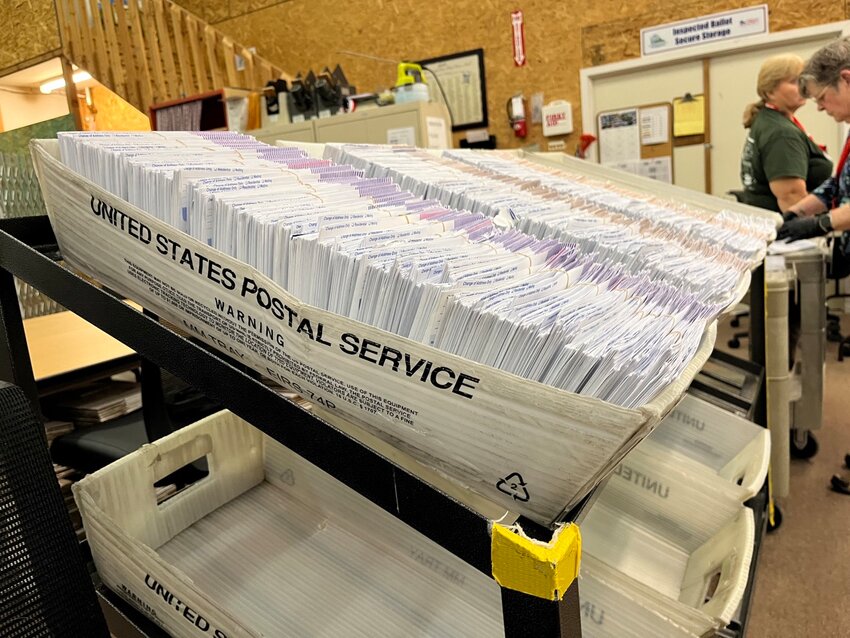 Ballot envelopes sit in the Thurston County elections center in the 2024 election. (Laurel Demkovich/Washington State Standard)