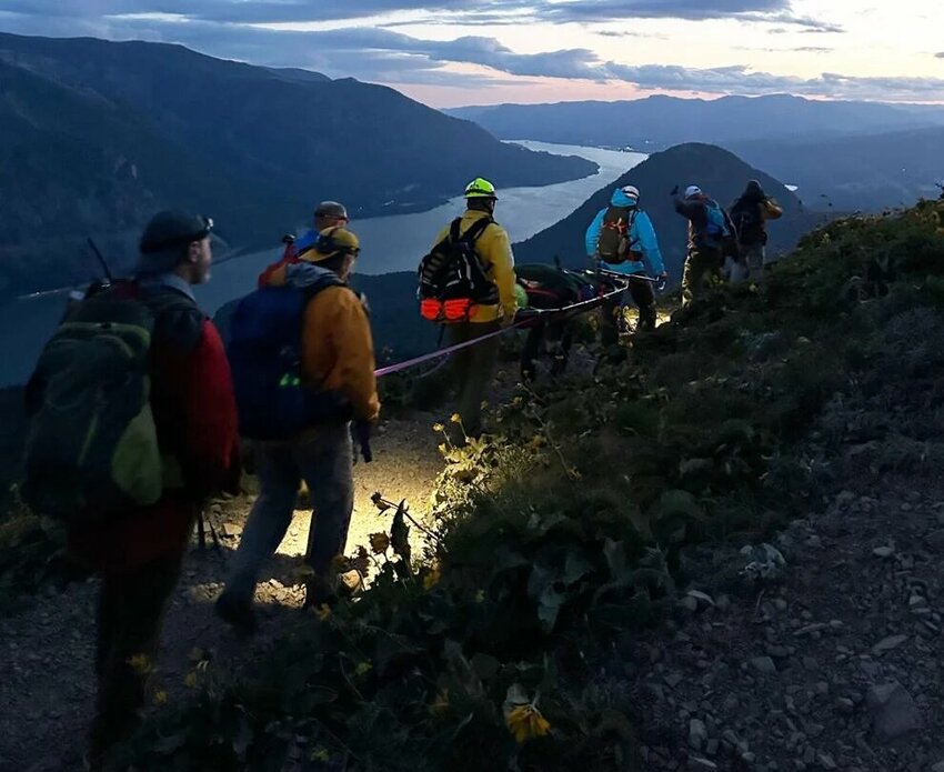 Skamania County Sheriff's Office Search and Rescue volunteers conduct a rescue on the Dog Mountain hike in November, 2024.