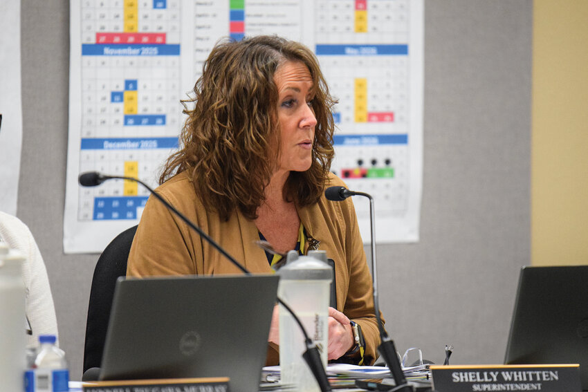 Superintendent Shelly Whitten speaks to Battle Ground Public Schools board members during an Oct. 27 workshop. She told the board that after two failed levy attempts and $14 million in cuts, another loss would force reductions beyond enrichment programs.