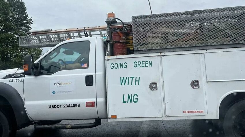A Department of Transportation truck promoting the use of liquefied natural gas is seen on the road. Photo: Carleen Johnson / The Center Square