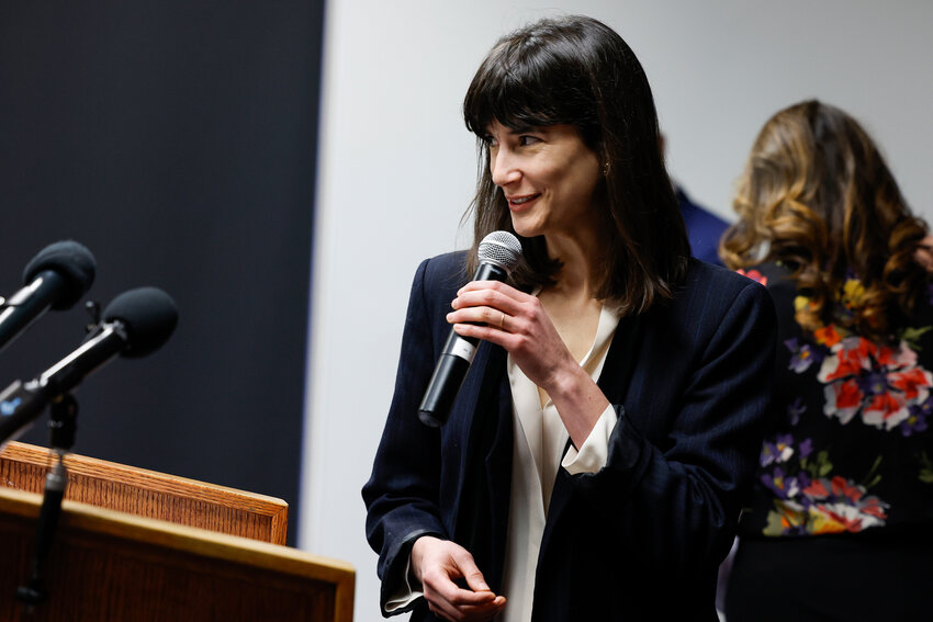 U.S. Rep. Marie Gluesenkamp P&eacute;rez (D-WA) speaks at a Congressional Hispanic Caucus (CHC) event welcoming new Latino members to Congress at the headquarters of the Democratic National Committee (DNC) on November 18, 2022 in Washington, D.C.