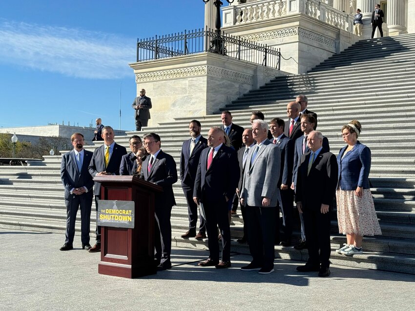 U.S. House Speaker Mike Johnson, a Louisiana Republican, speaks at a press conference Nov. 5, 2025, outside the U.S. Capitol in Washington, D.C., alongside House GOP leadership and several House Republican lawmakers.