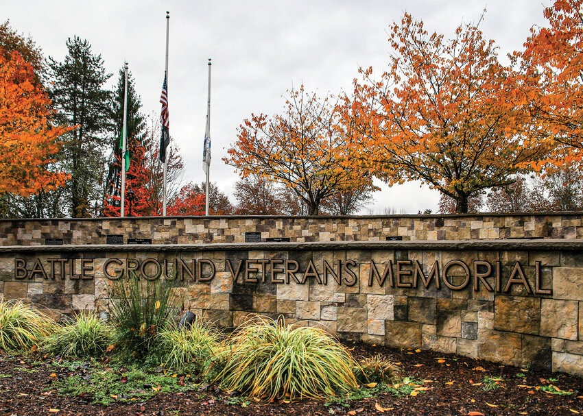 The Battle Ground Veterans Memorial in Kiwanis Park flies flags at half-staff on Friday, Nov. 7, in honor of fallen veterans hailing from the city in numerous wars over the last century.