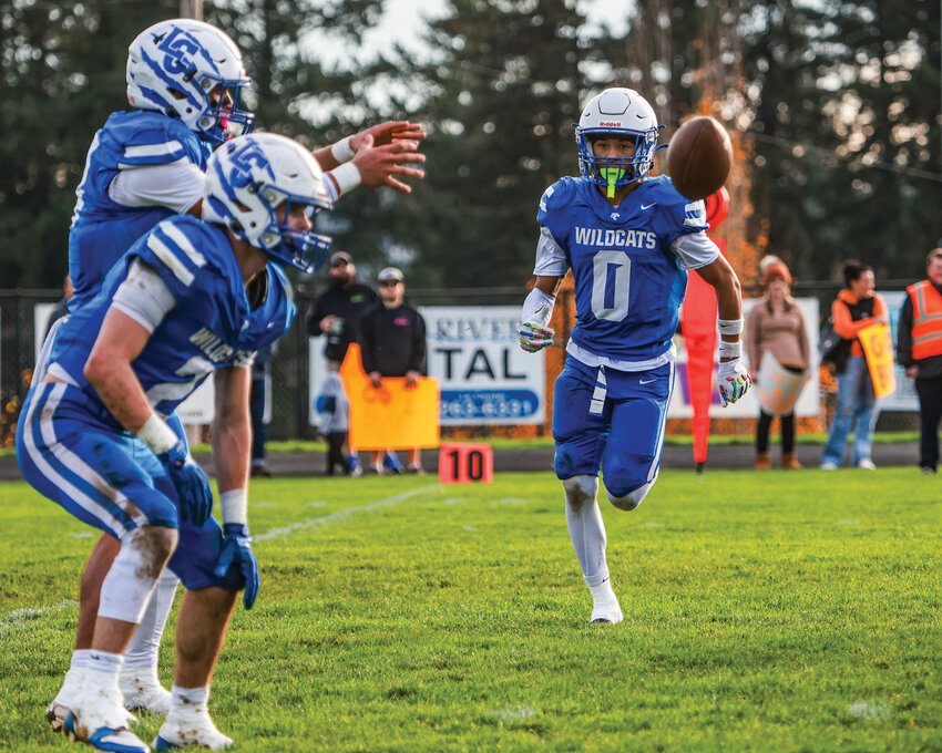 La Center wide receiver Malik Britt shifts during the snap in the Wildcats&rsquo; 28-7 week 10 win over the Granite Falls Tigers on Saturday, Nov. 8.