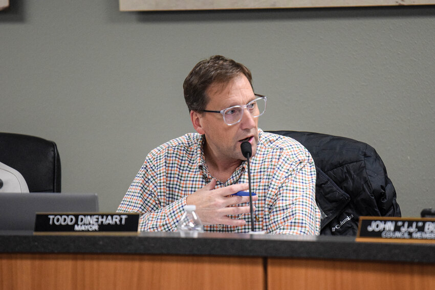 Mayor Todd Dinehart speaks during the Woodland City Council meeting on Monday, Nov. 3, explaining why the city would not respond to the Woodland Chamber of Commerce&rsquo;s letter about lodging tax funds. The chamber raised concerns about the legality and compliance of how the city is using the funds, claiming that the center will close next year under the current plan.