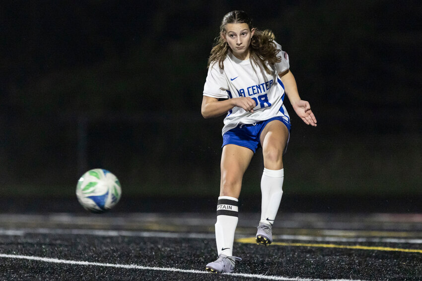 La Center&rsquo;s Kennedy Brandenburg (28) kicks the ball during a 1A District 4 Quarterfinal against Tenino at Tenino High School on Tuesday, Nov. 4.