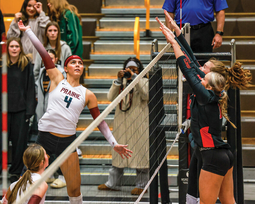 Prairie&rsquo;s Gracie Jacoby goes up for a kill in the Falcons&rsquo; three-set win over the Shelton Highclimbers to open the District 4 volleyball tournament on Thursday, Nov. 13.